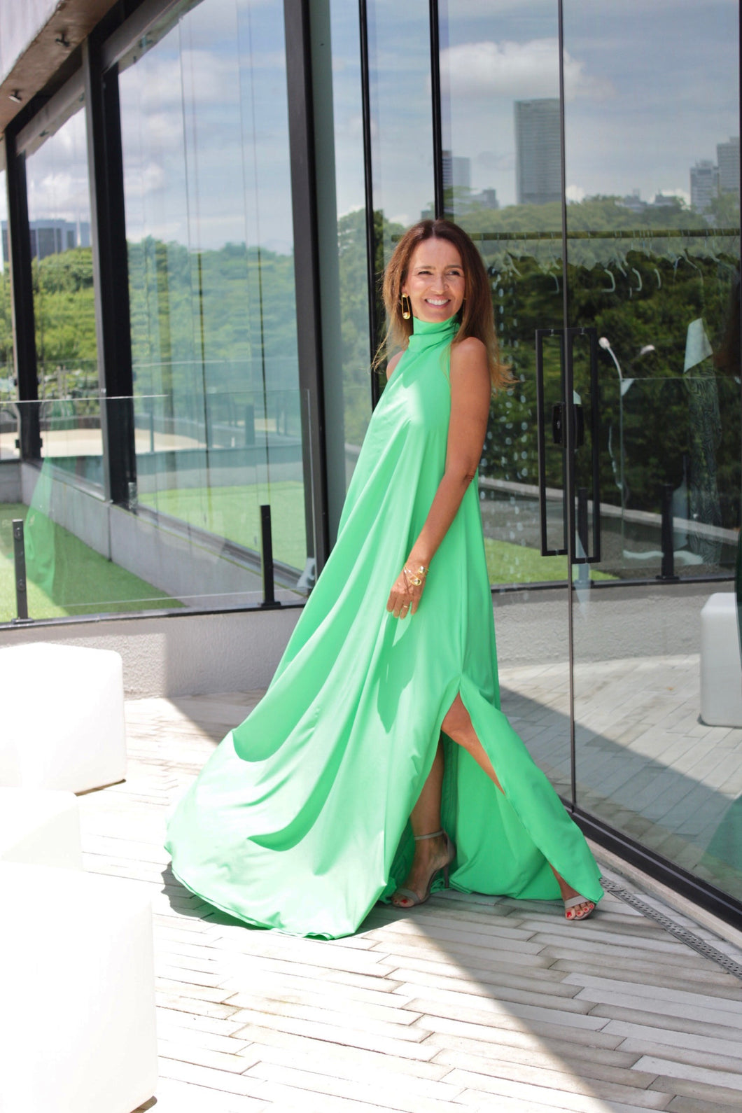 Alessandra Dress with Green Neckline